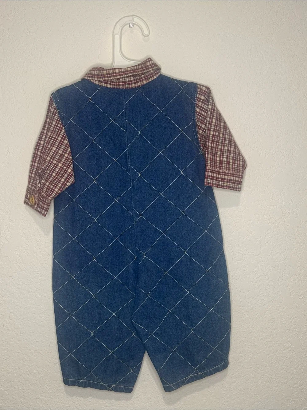 Vintage Baby Bear Club Denim Romper with Plaid Accents - Blue